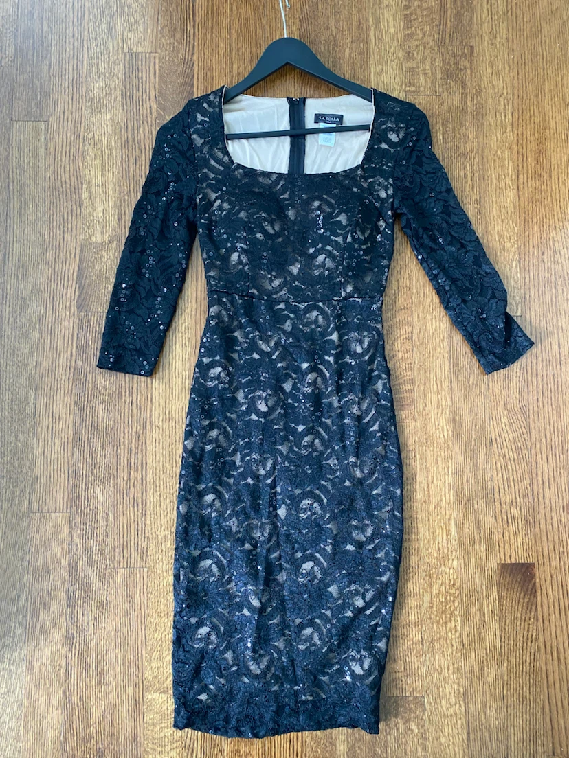 La Scala Black Lace Sequin Sheath Dress