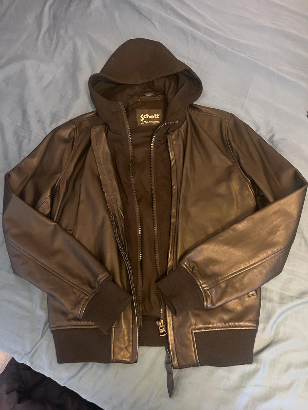 Schott NYC Black Leather Jacket with Hood