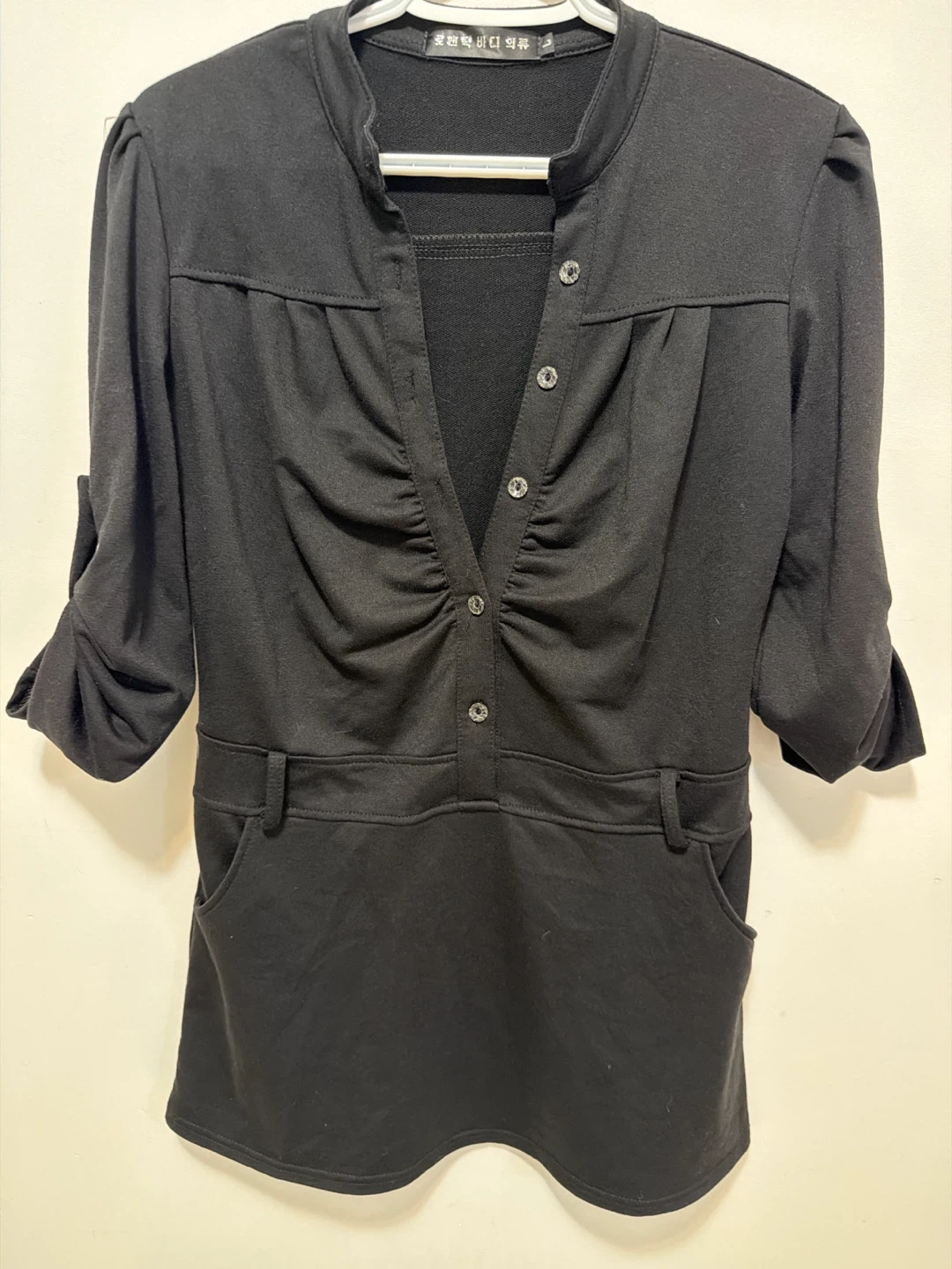 Black Ruched Button-Up Tunic dress