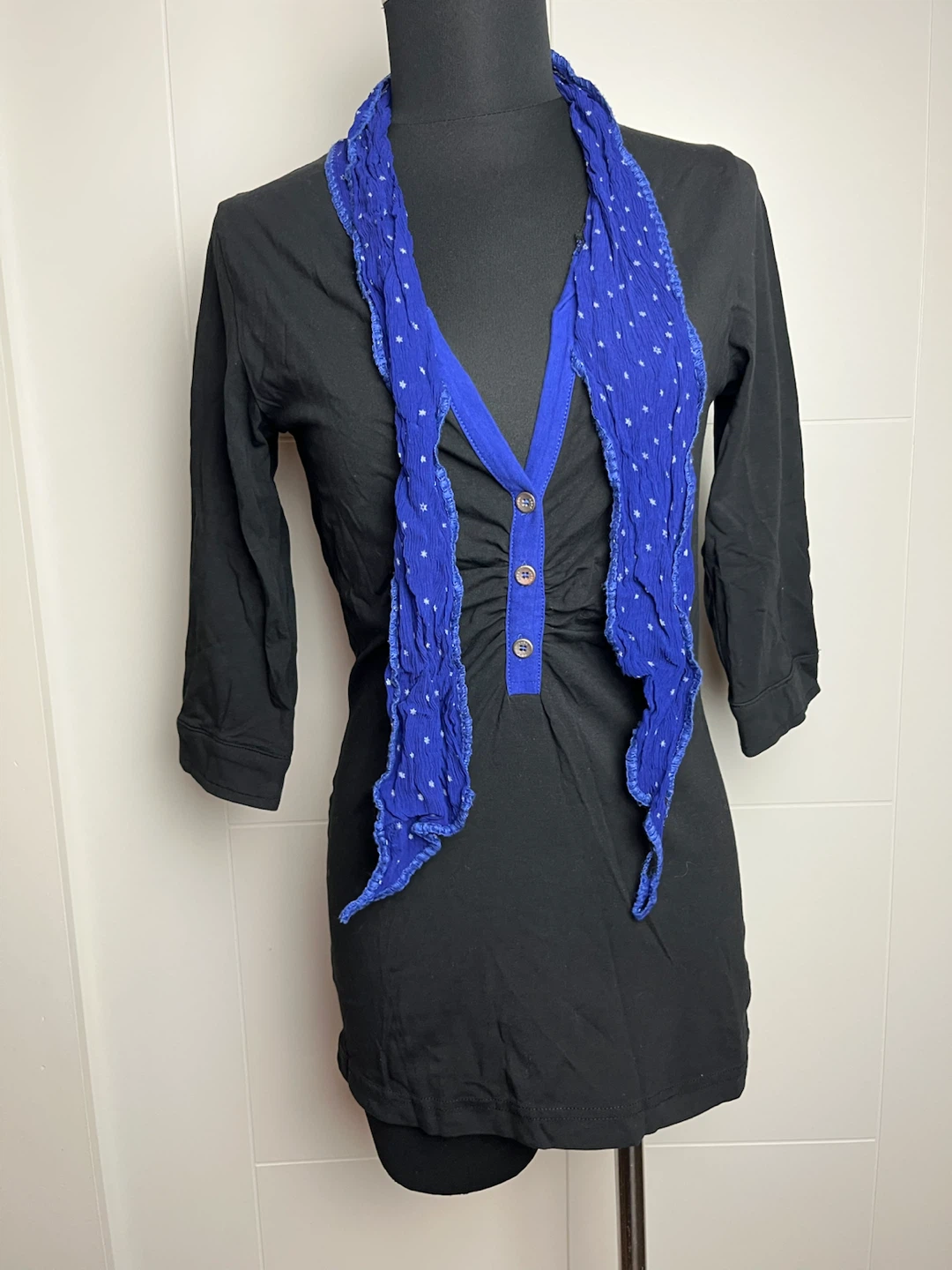 DEPT Black 3/4 Sleeve Top with Blue Scarf Detail - photo 2