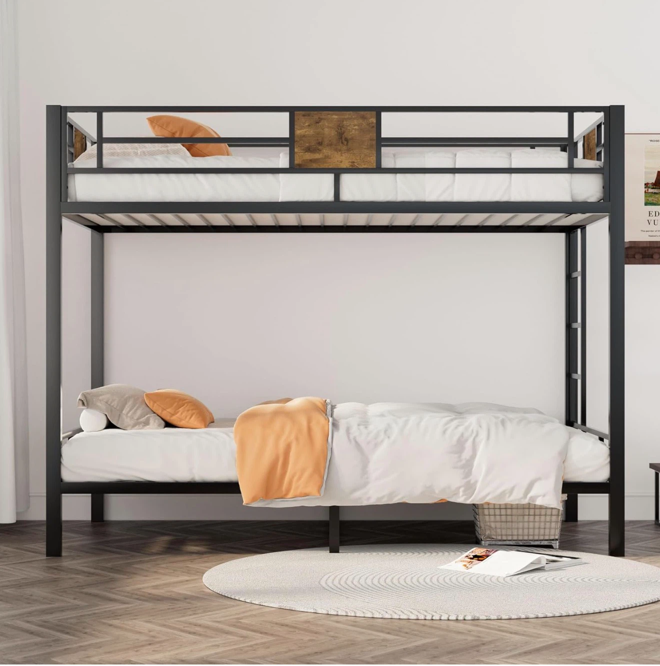 Black Metal Twin Over Twin Bunk Bed with Wood Accents