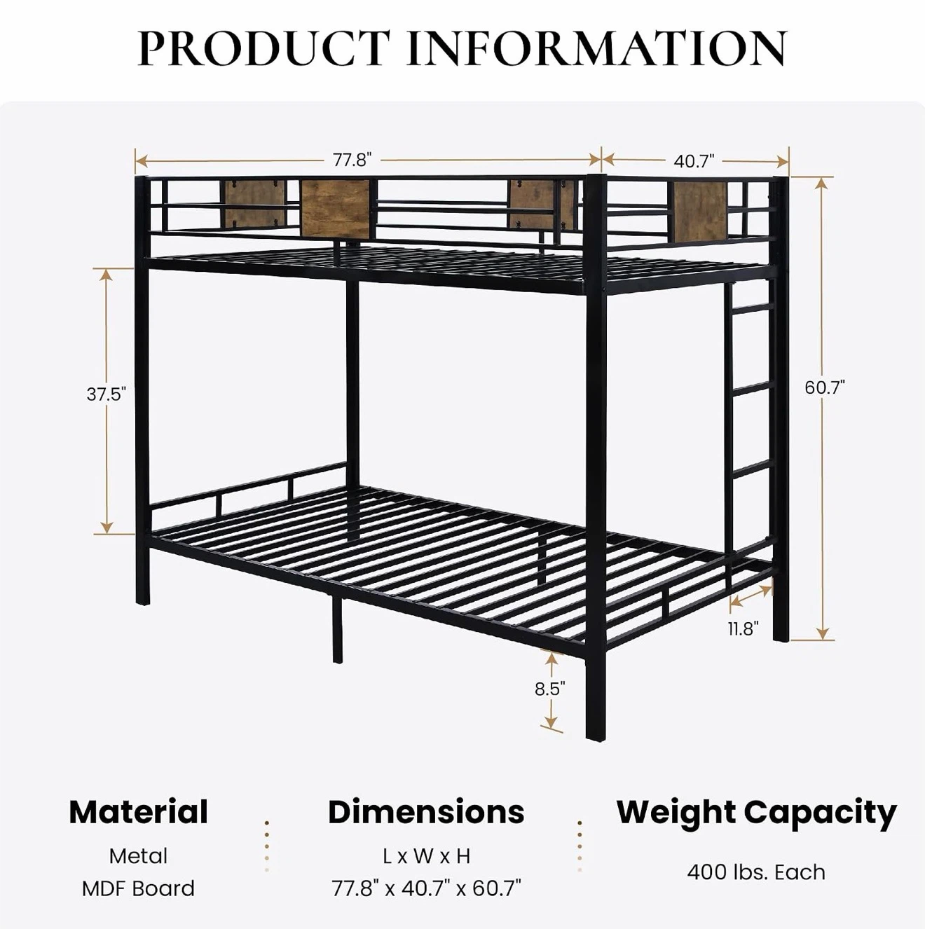 Black Metal Twin Over Twin Bunk Bed with Wood Accents - photo 3