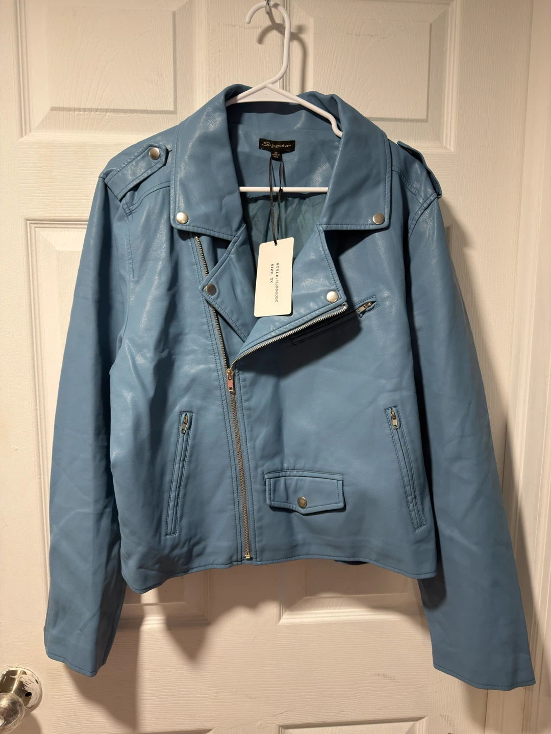 Blue Faux Leather Moto Jacket - Size Large