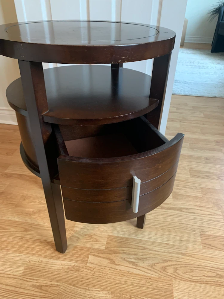 Round Dark Wood Side Table with Drawer - photo 2