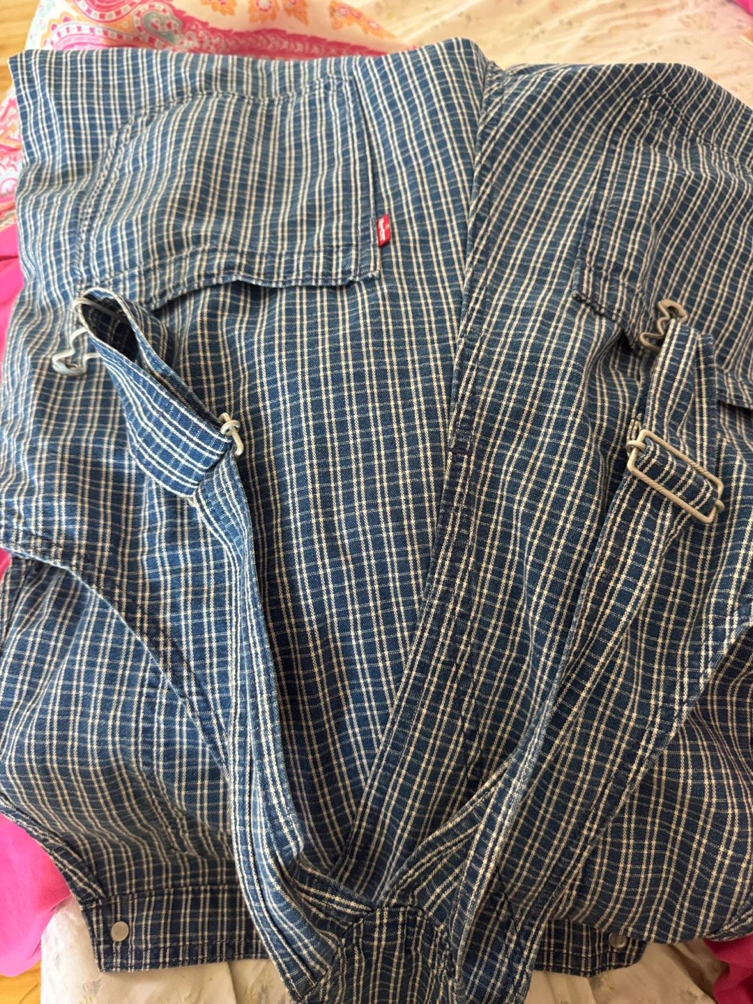 Levi's Blue Plaid Short Overalls Size M