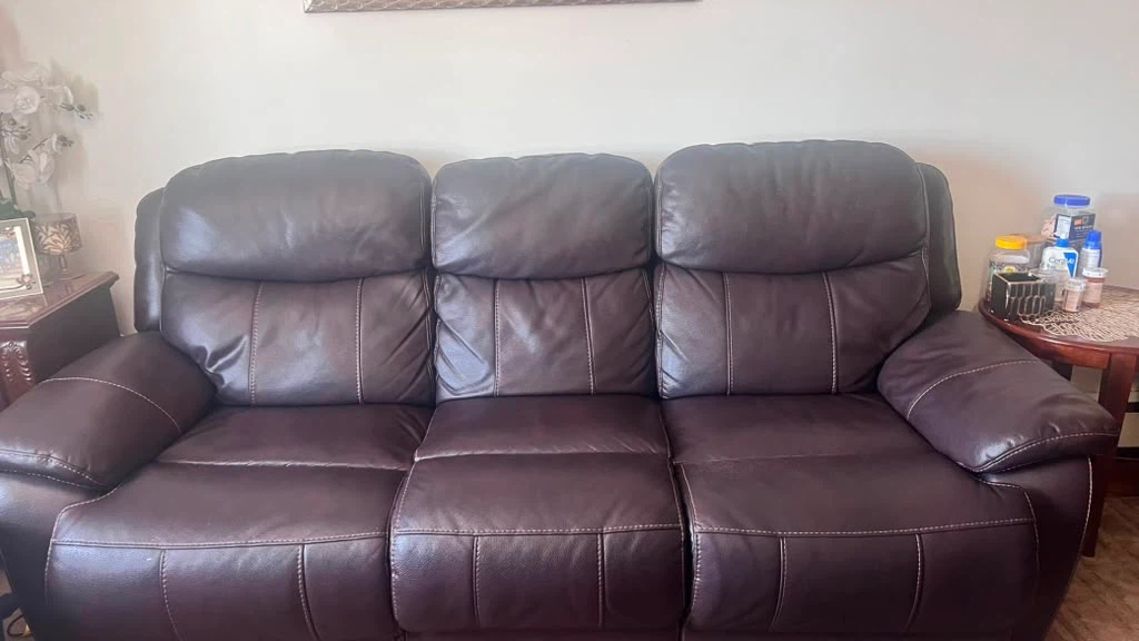 Brown Faux Leather Recliner Loveseat with Console