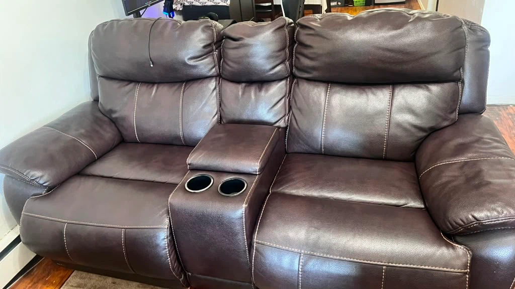 Brown Faux Leather Recliner Loveseat with Console - photo 2