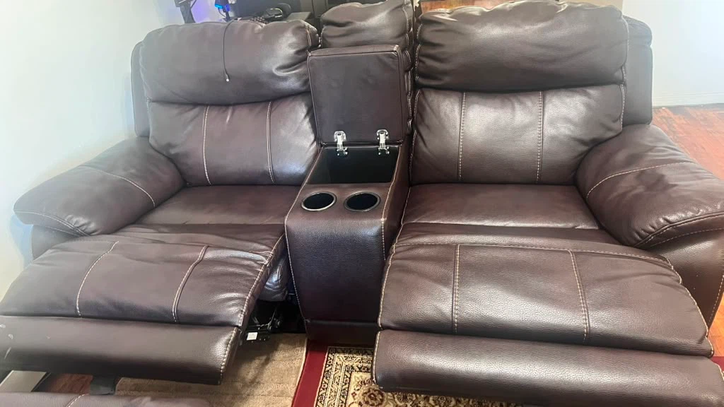 Brown Faux Leather Recliner Loveseat with Console - photo 3