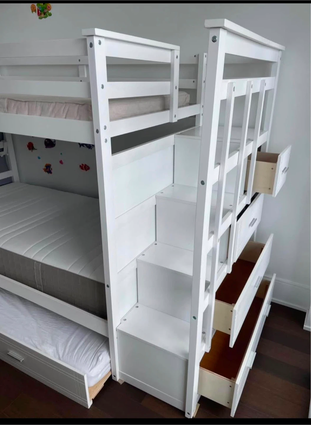 White Bunk Bed with Stairs and Storage Drawers