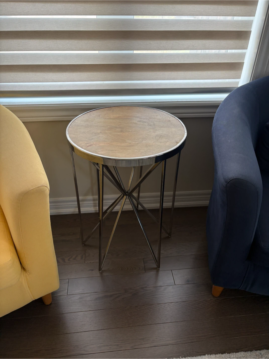 Round wood top accent table with chrome base
