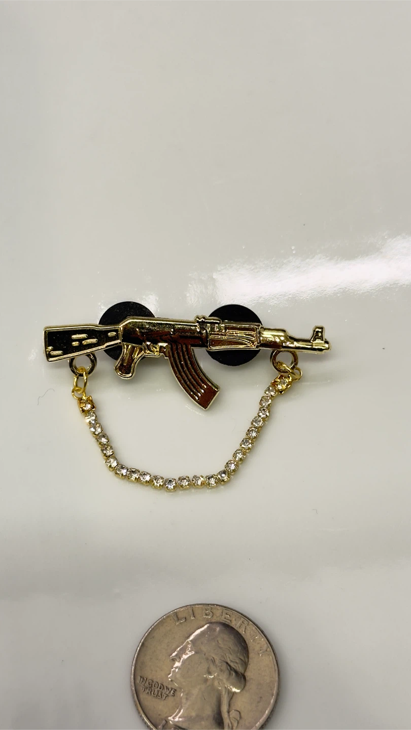 Gold AK-47 Pin with Rhinestone Chain