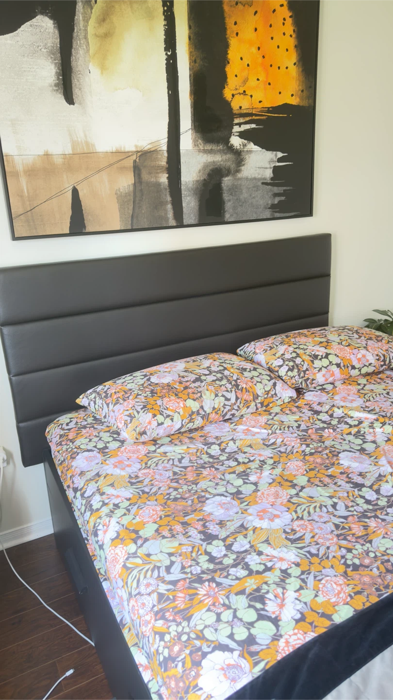 Bed with Mattress and Black 2-Drawer Nightstand