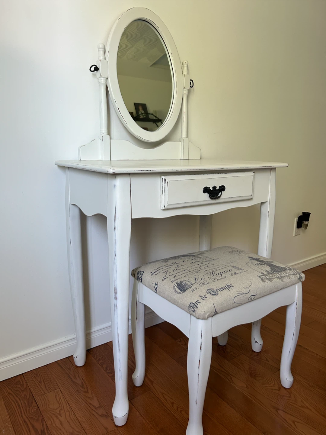White Vanity Table with Mirror and Stool