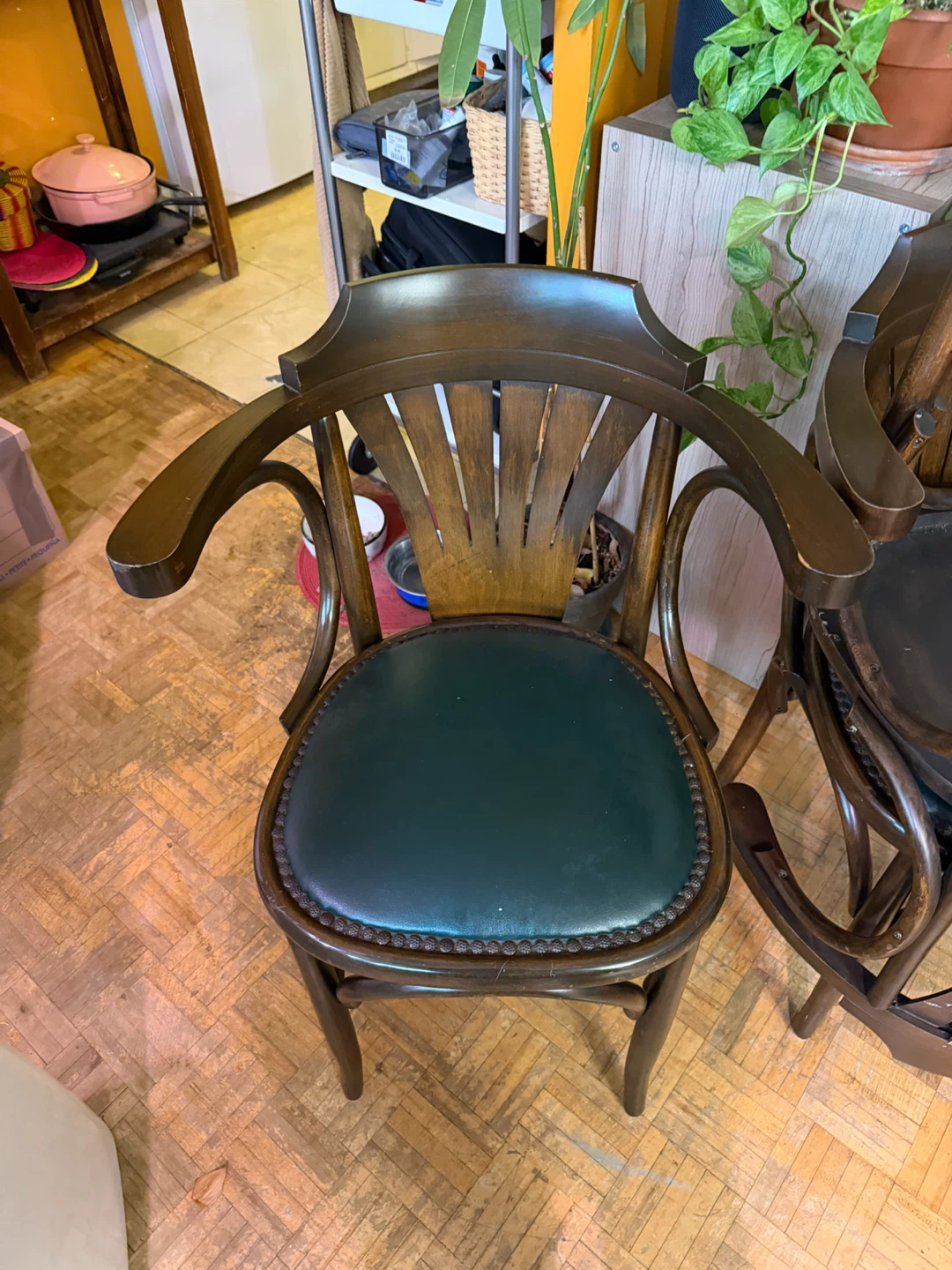Wooden Arm Chairs with Dark Green Upholstery