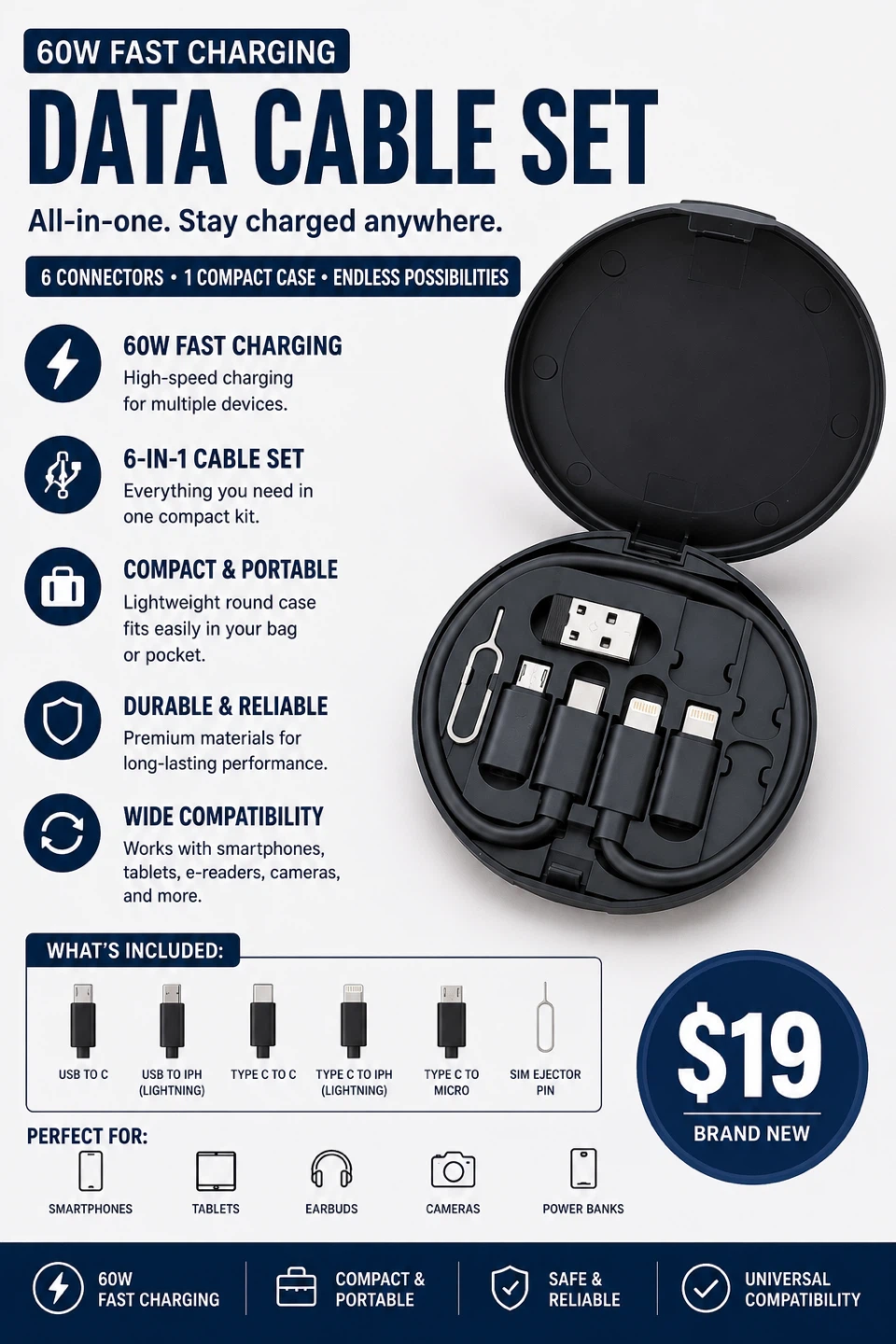 60W Data Cable Set with 6 Connectors