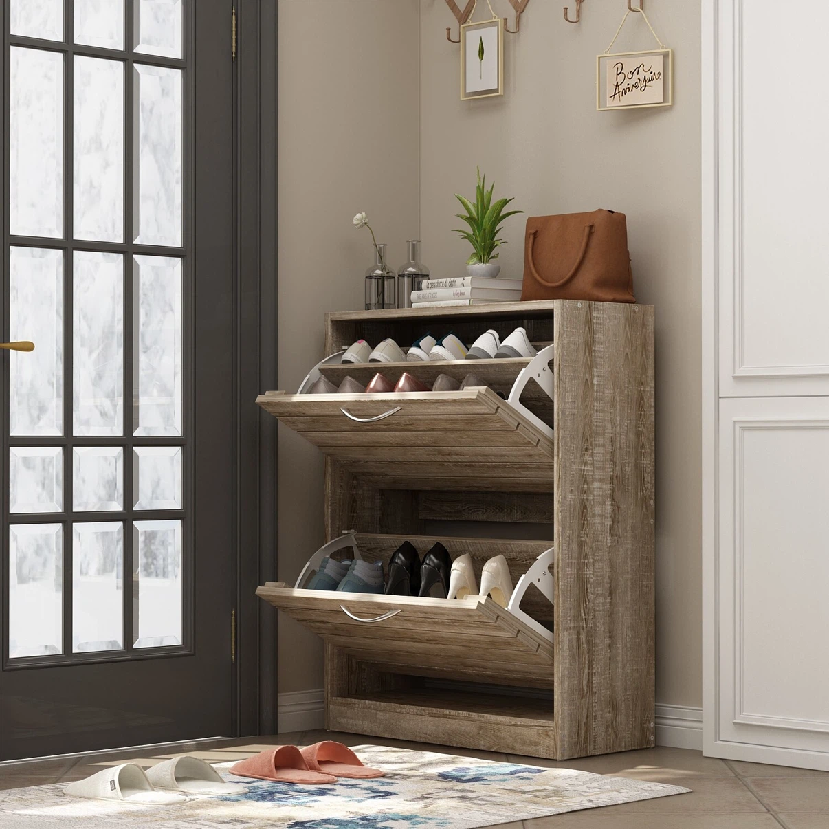 Timechee 8 Pair Shoe Storage Cabinet with 2 Drawers