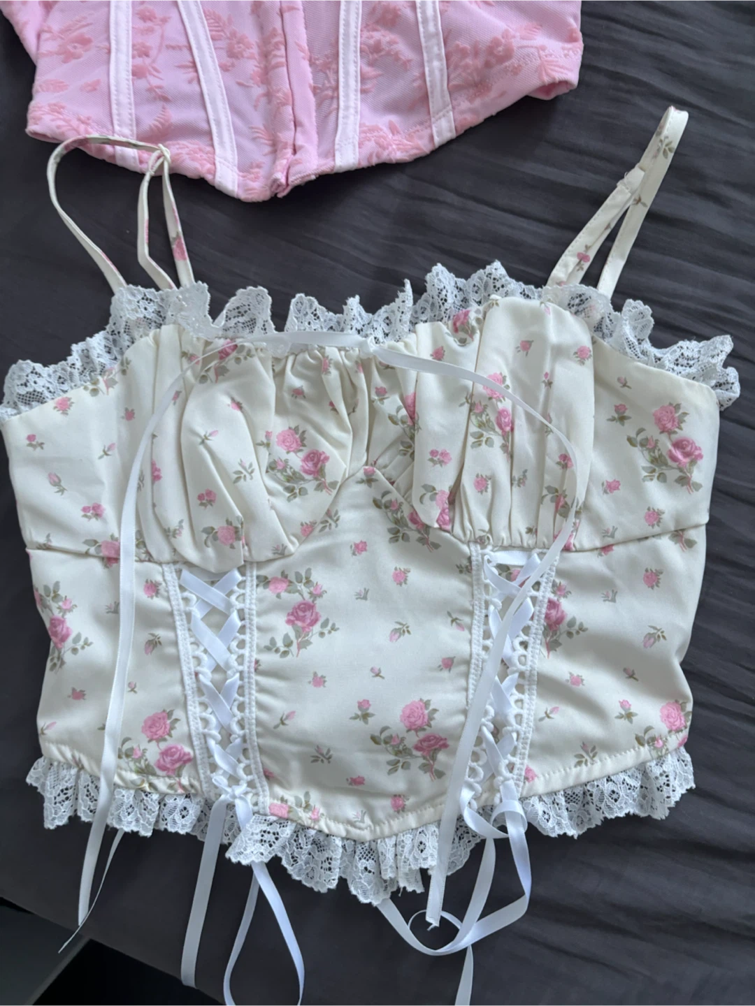 Floral Corset Top with Lace Trim - XS