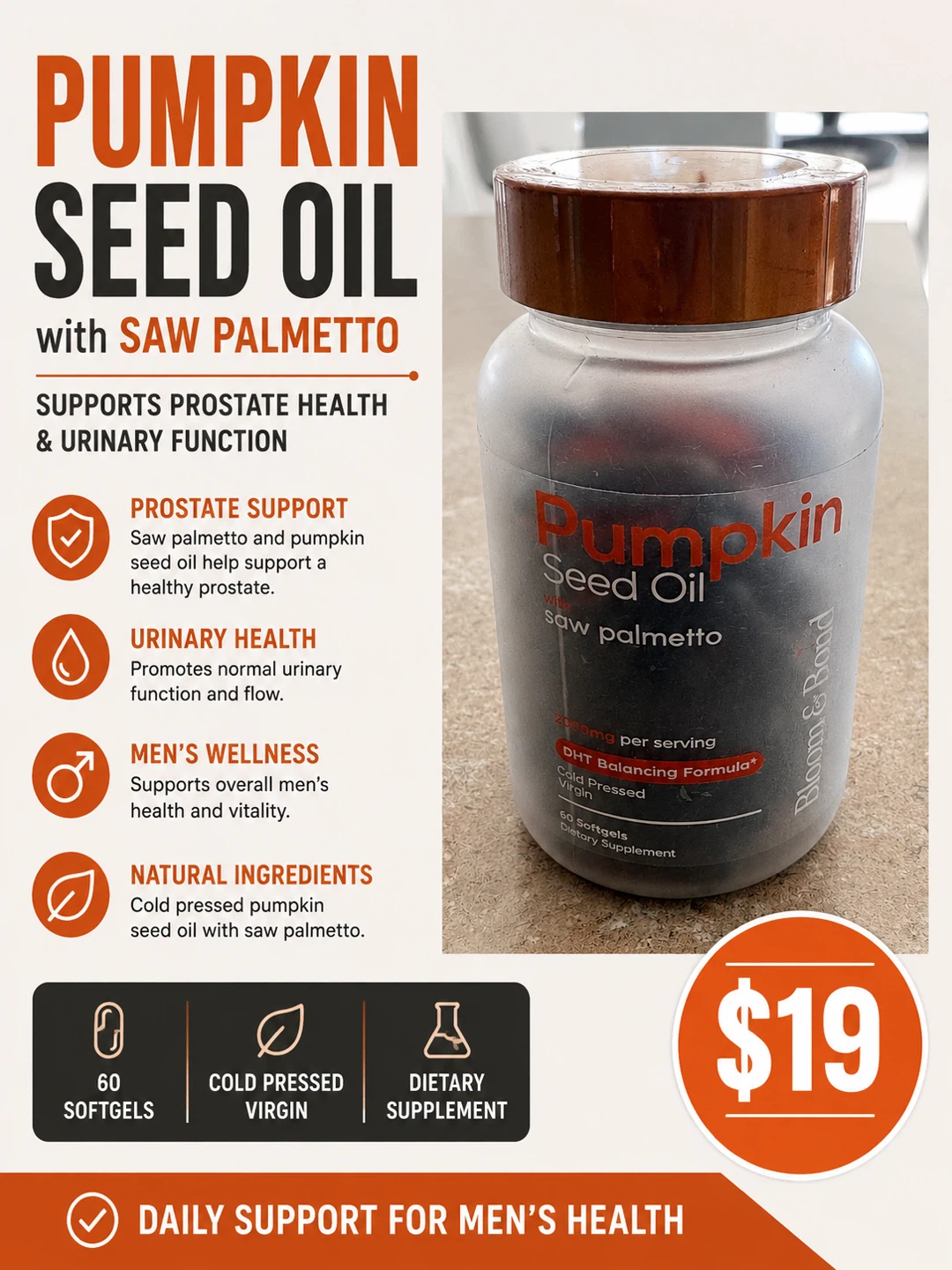 Bloom & Bond Pumpkin Seed Oil with Saw Palmetto Softgels