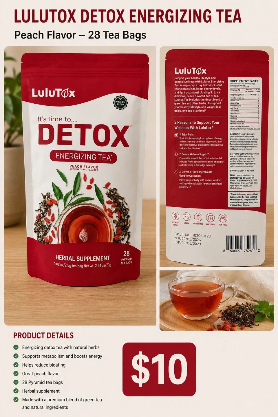 DETOX Energizing Tea Peach Flavor - 28 Pyramid Tea Bags