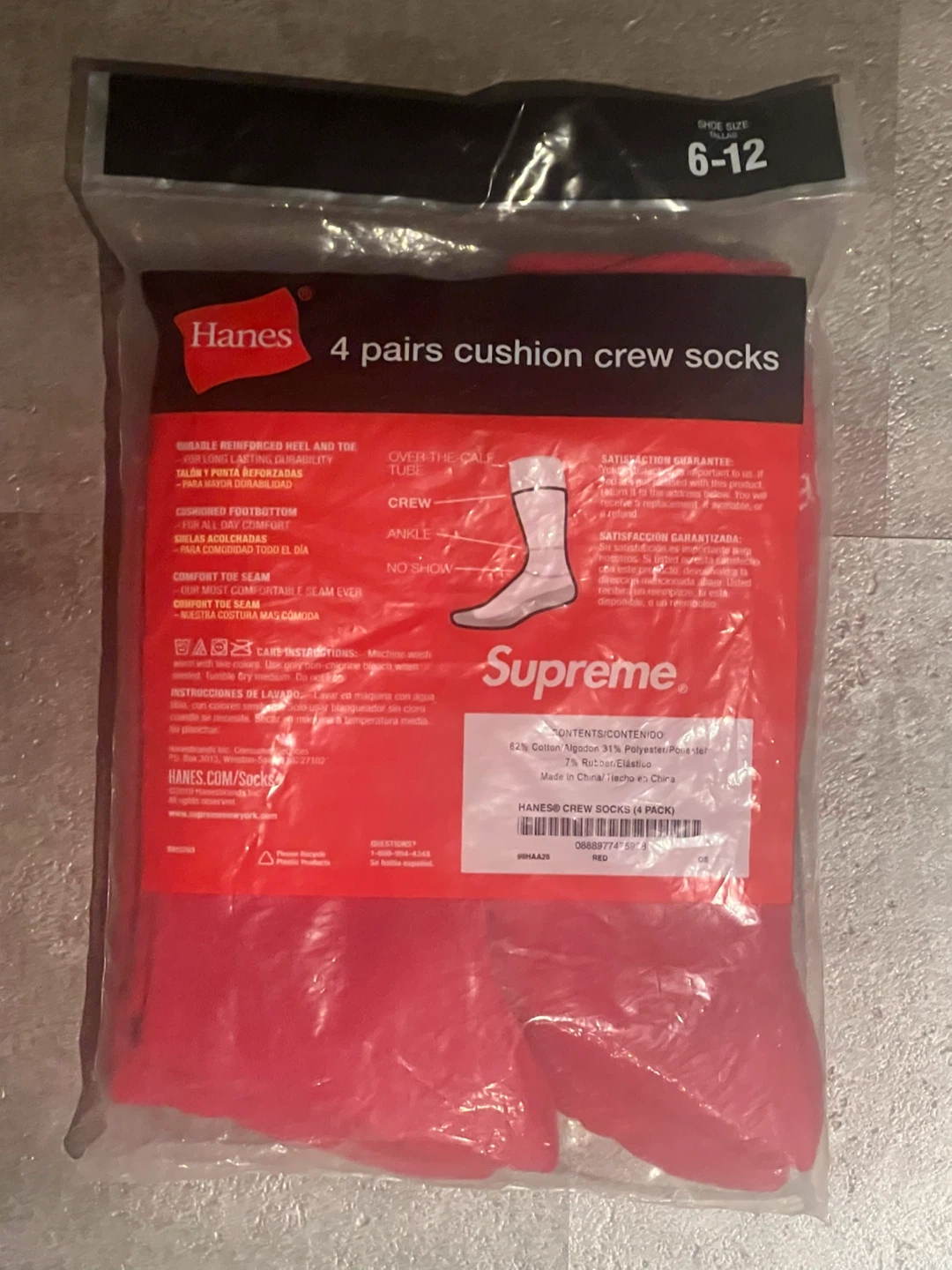 Supreme x Hanes 4 Pairs Cushion Crew Socks Red Size 6-12 - photo 2