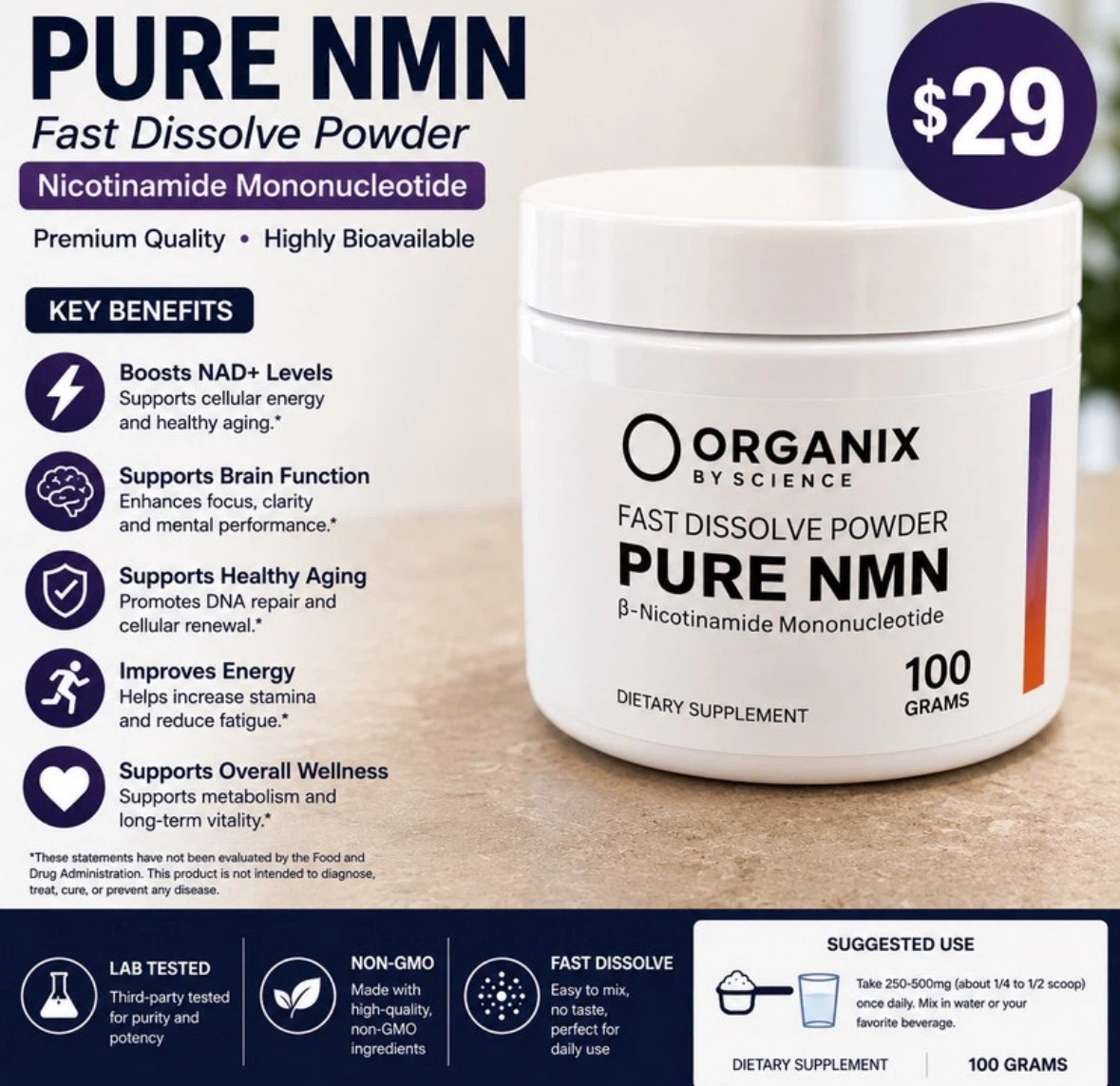 Organix Pure NMN Fast Dissolve Powder 100g