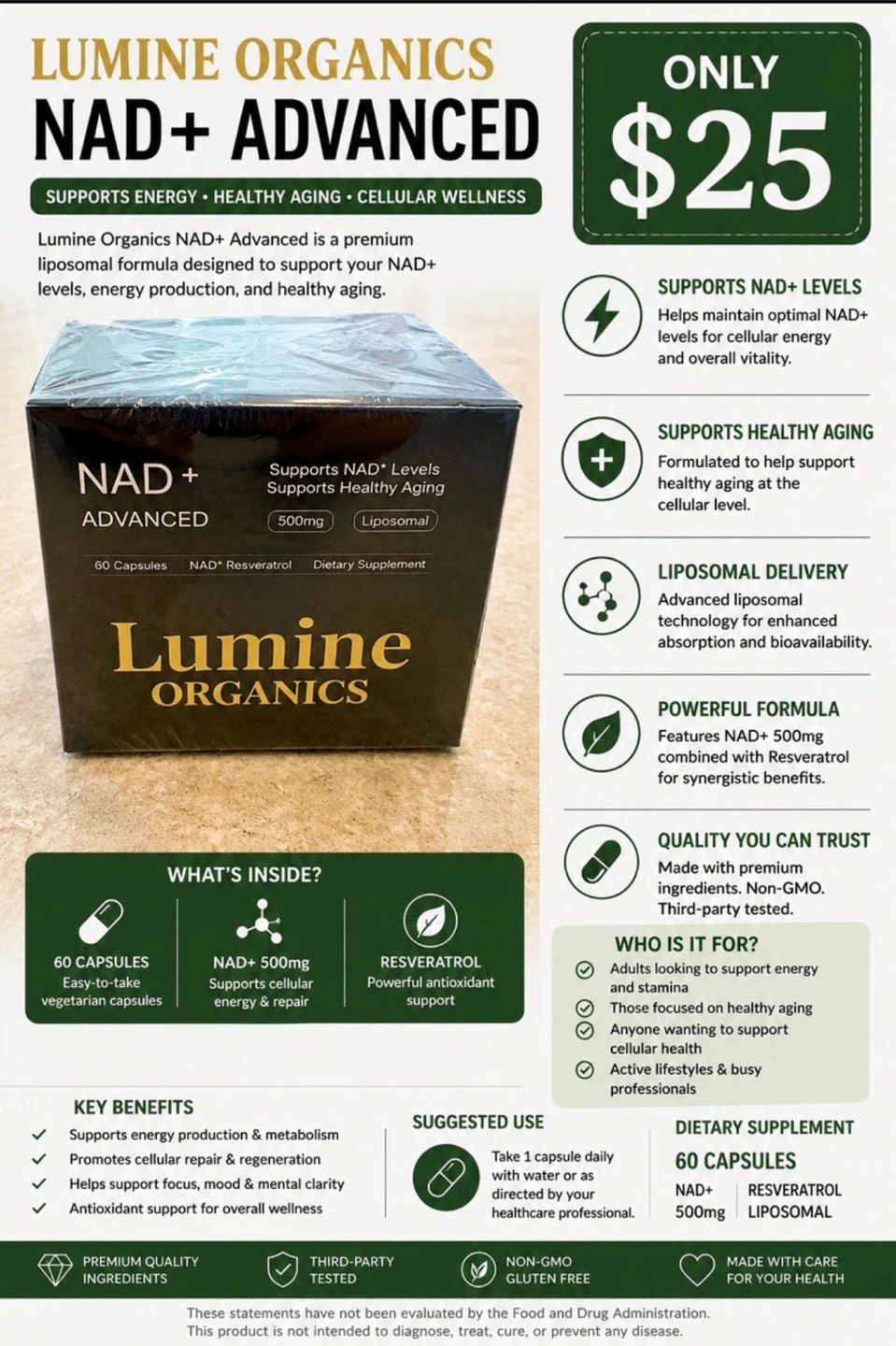 Organics NAD+ Advanced Dietary Supplement - 60 Capsules