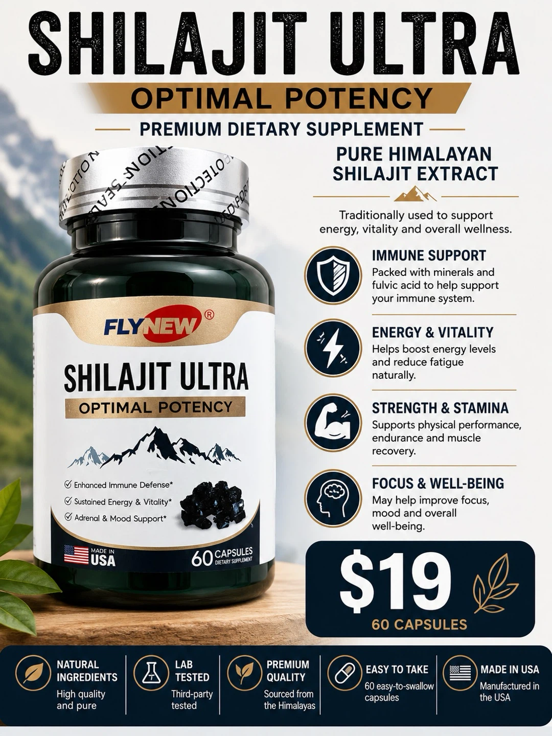 Shilajit Ultra Optimal Potency Dietary Supplement - 60 Capsules