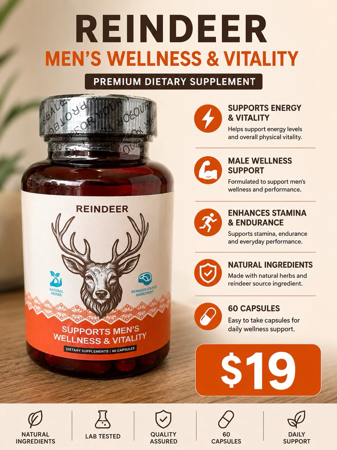 Reindeer Men's Wellness & Vitality Dietary Supplement