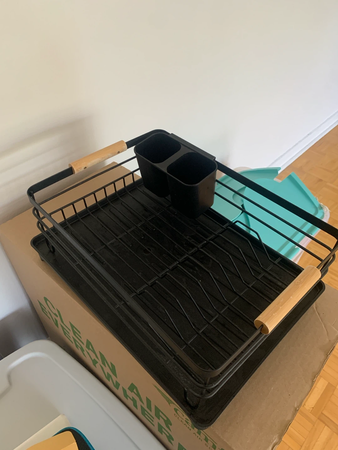 Black Dish Drying Rack with Wooden Handles