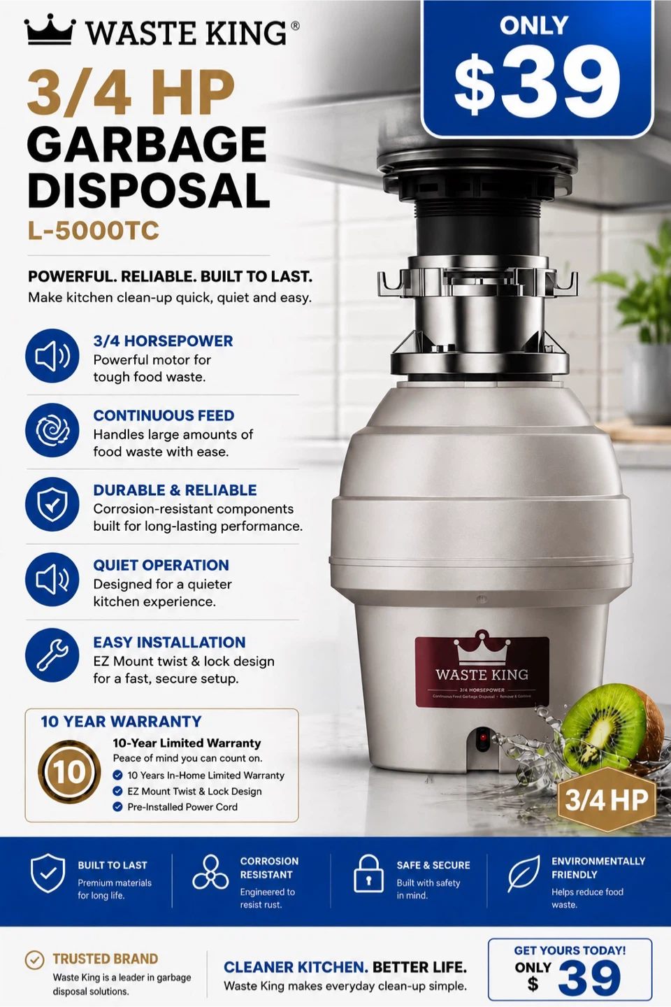 Waste King L-5000TC 3/4 HP Garbage Disposal