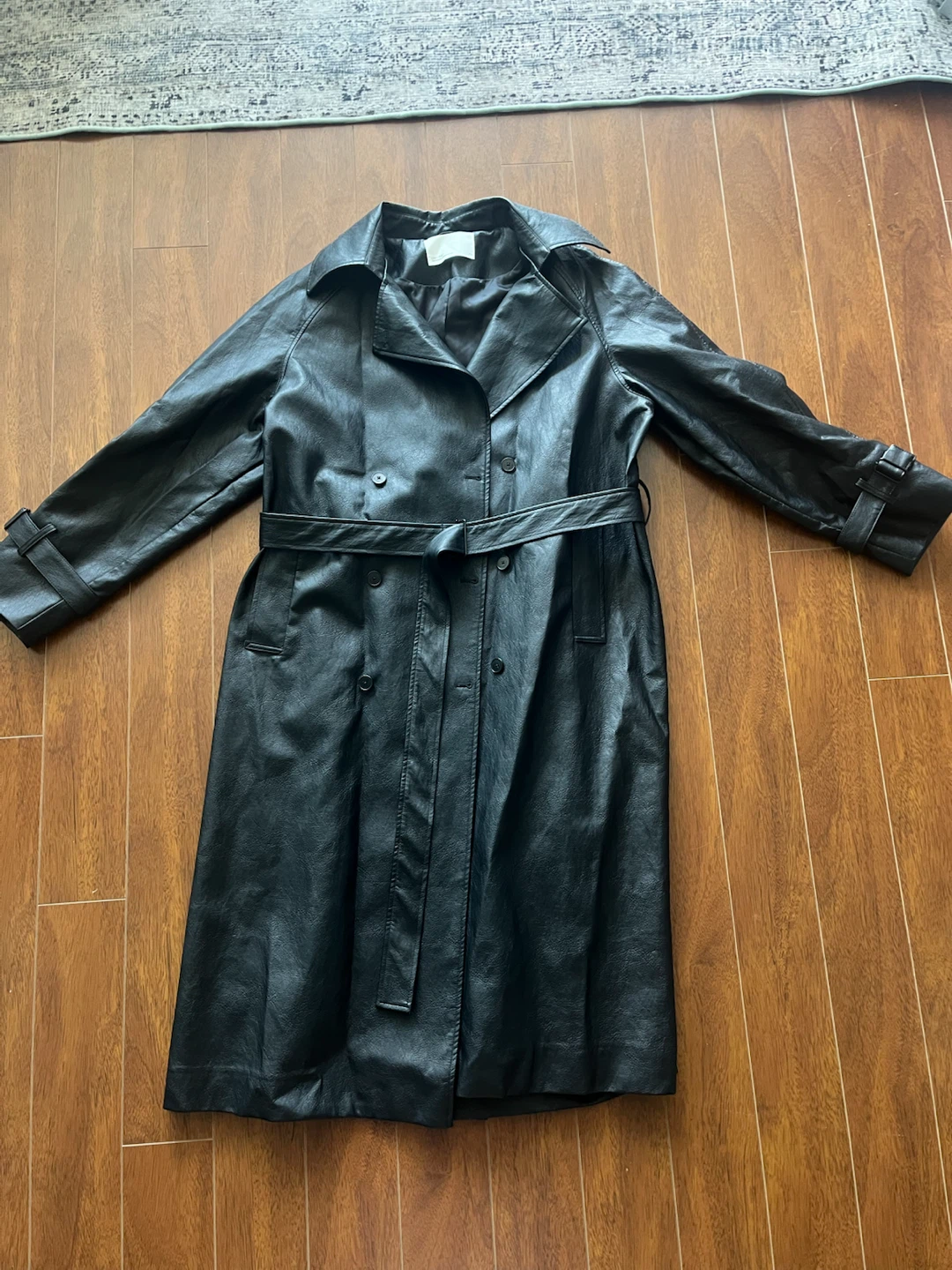OAK + FORT Black Faux Leather Trench Coat M