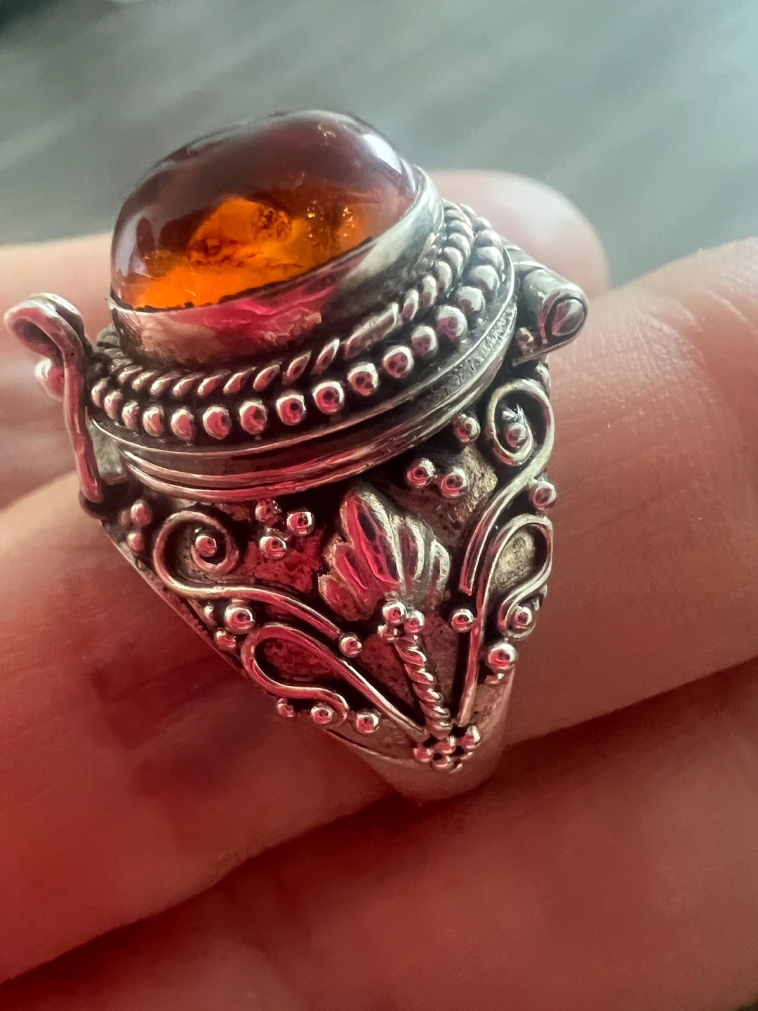925Silver Amber Poison Ring