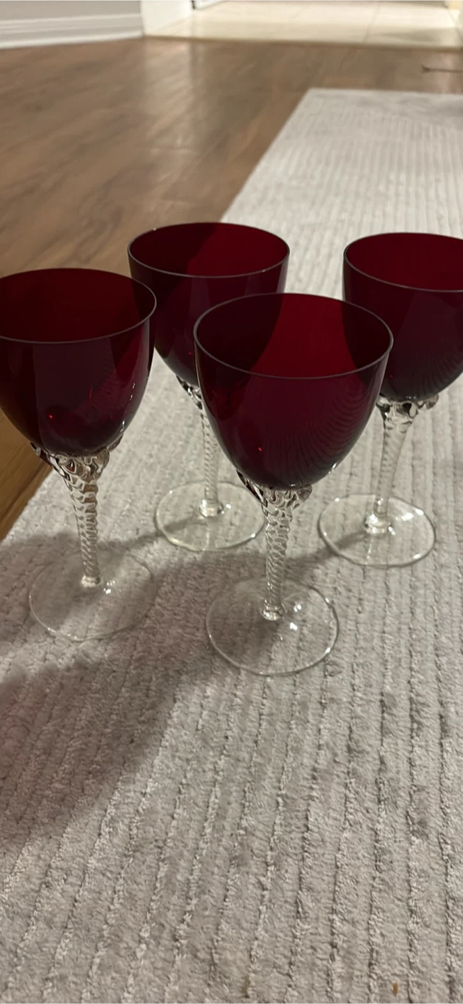 Set of 4 Ruby Red Cordial Glasses with Twisted Stems