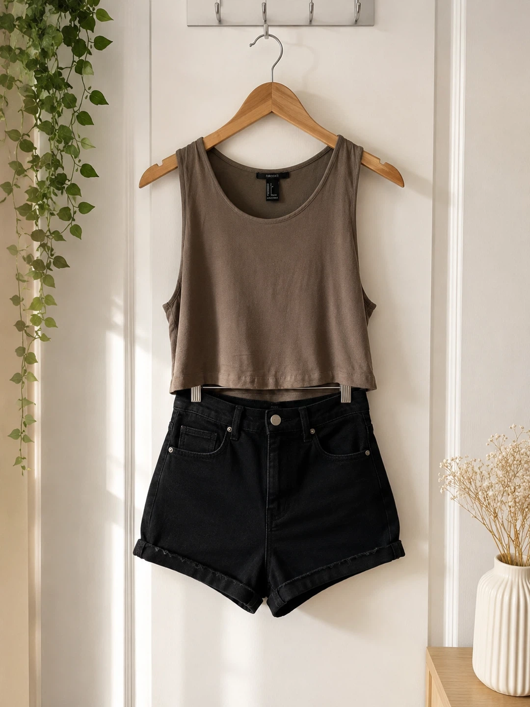 Taupe Tank Top & Black Denim Shorts Set