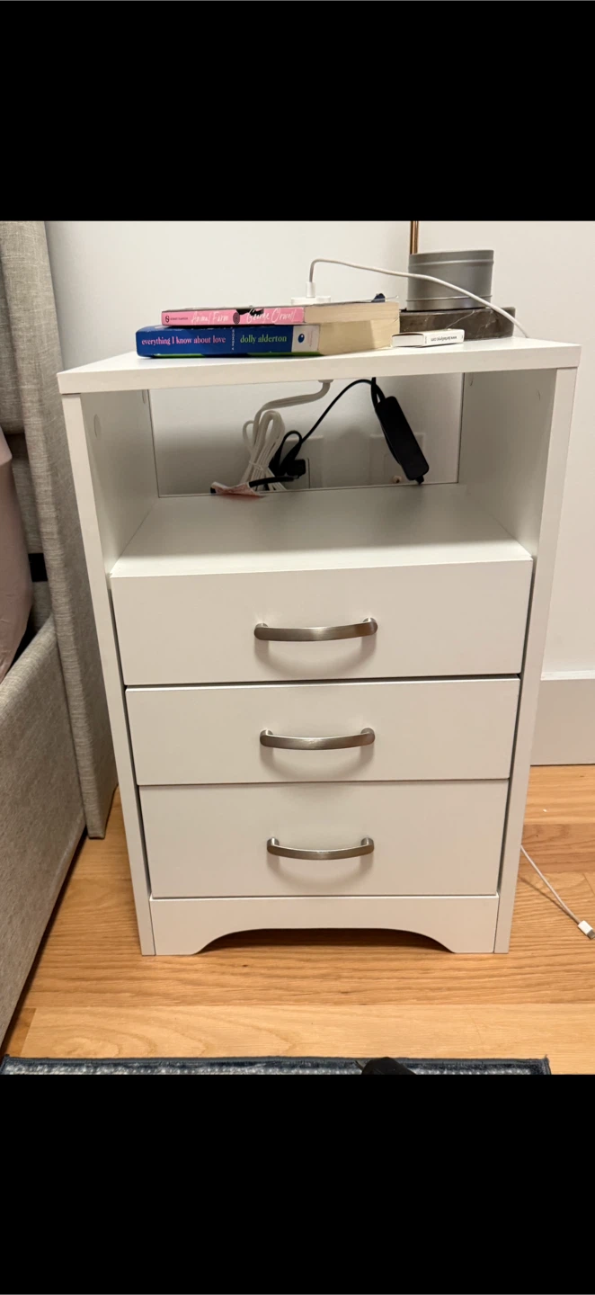White 3-Drawer Nightstand with Outlets