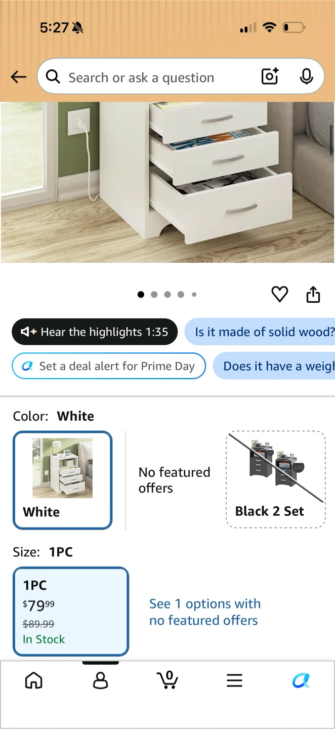 White 3-Drawer Nightstand with Outlets - photo 2
