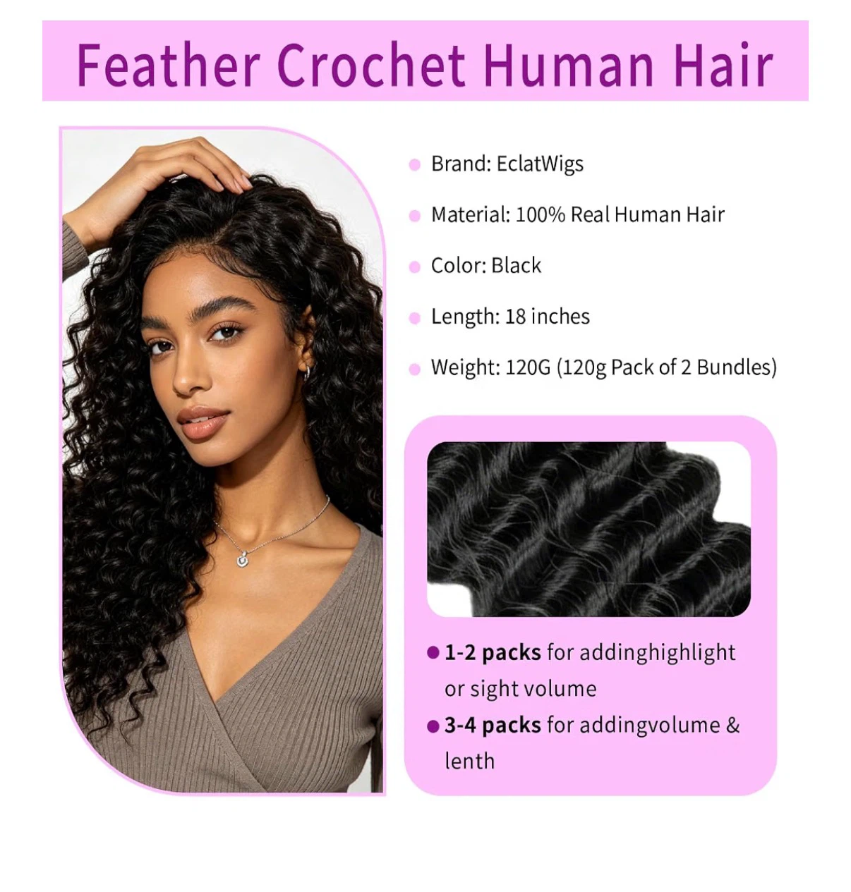 Brand New Feather Crochet Human Hair - Black - 18 inches - photo 4