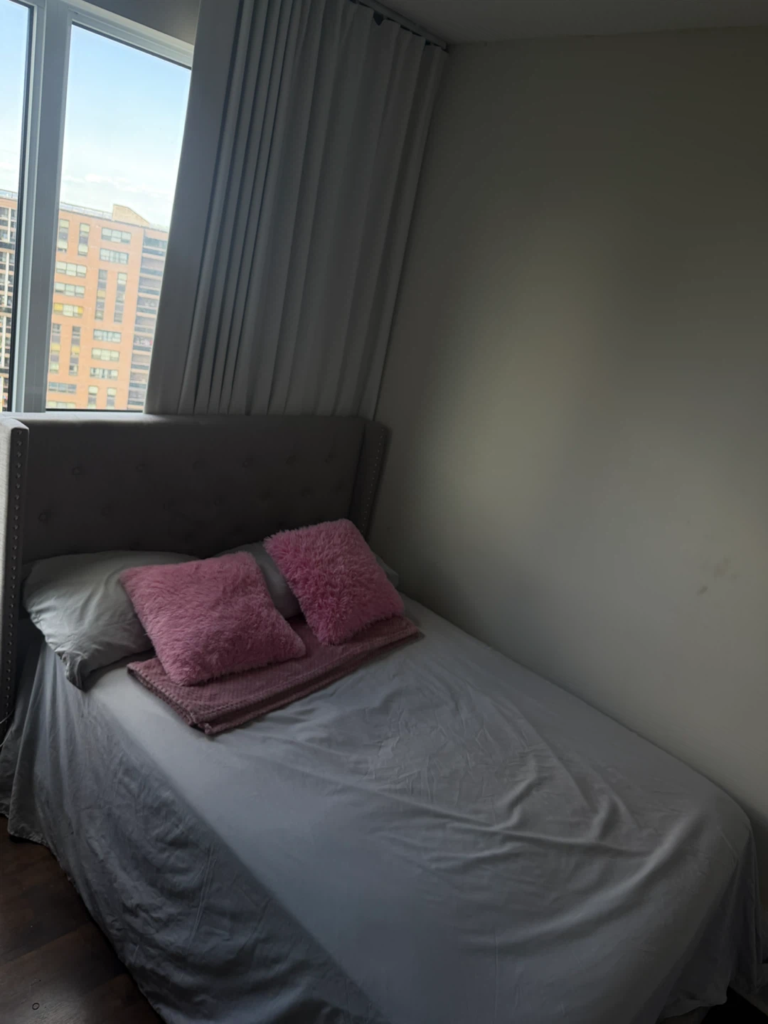 Grey Upholstered Headboard and Mattress