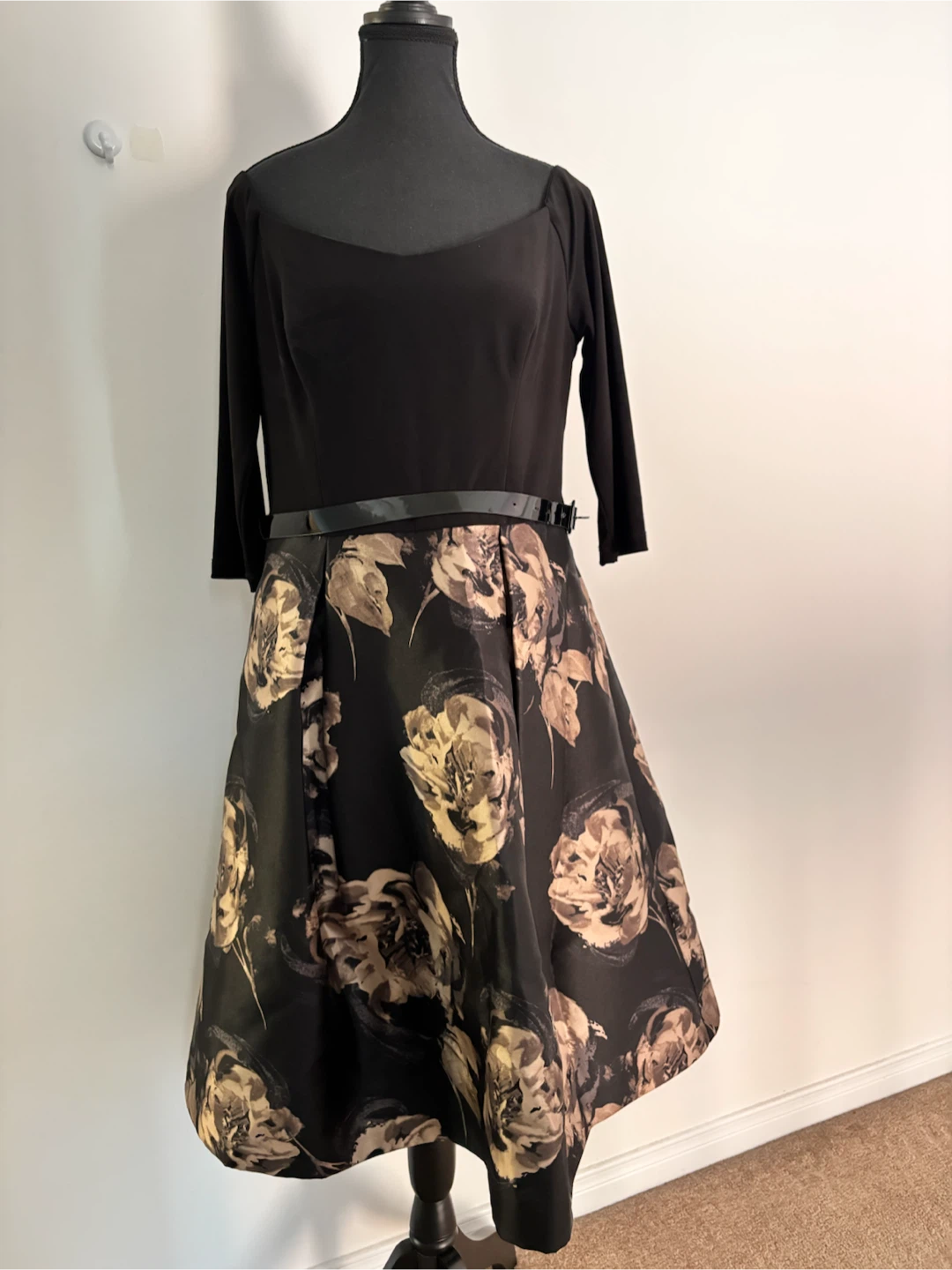 Le Château Black Floral Fit & Flare Dress – Size Medium (M)