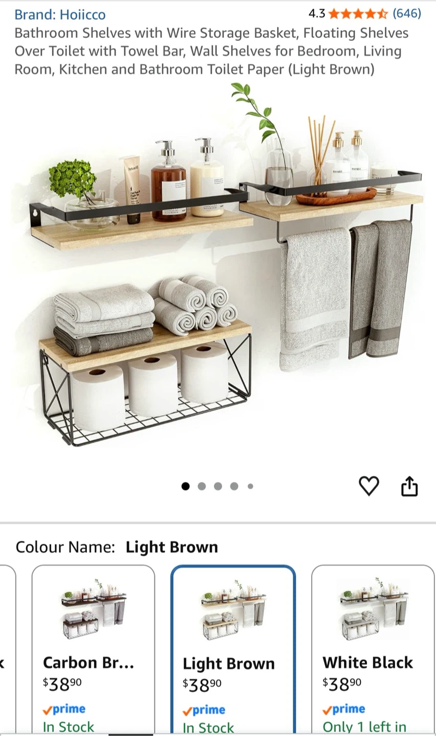 Hoiicco Bathroom Shelves with Wire Storage Basket - Light Brown