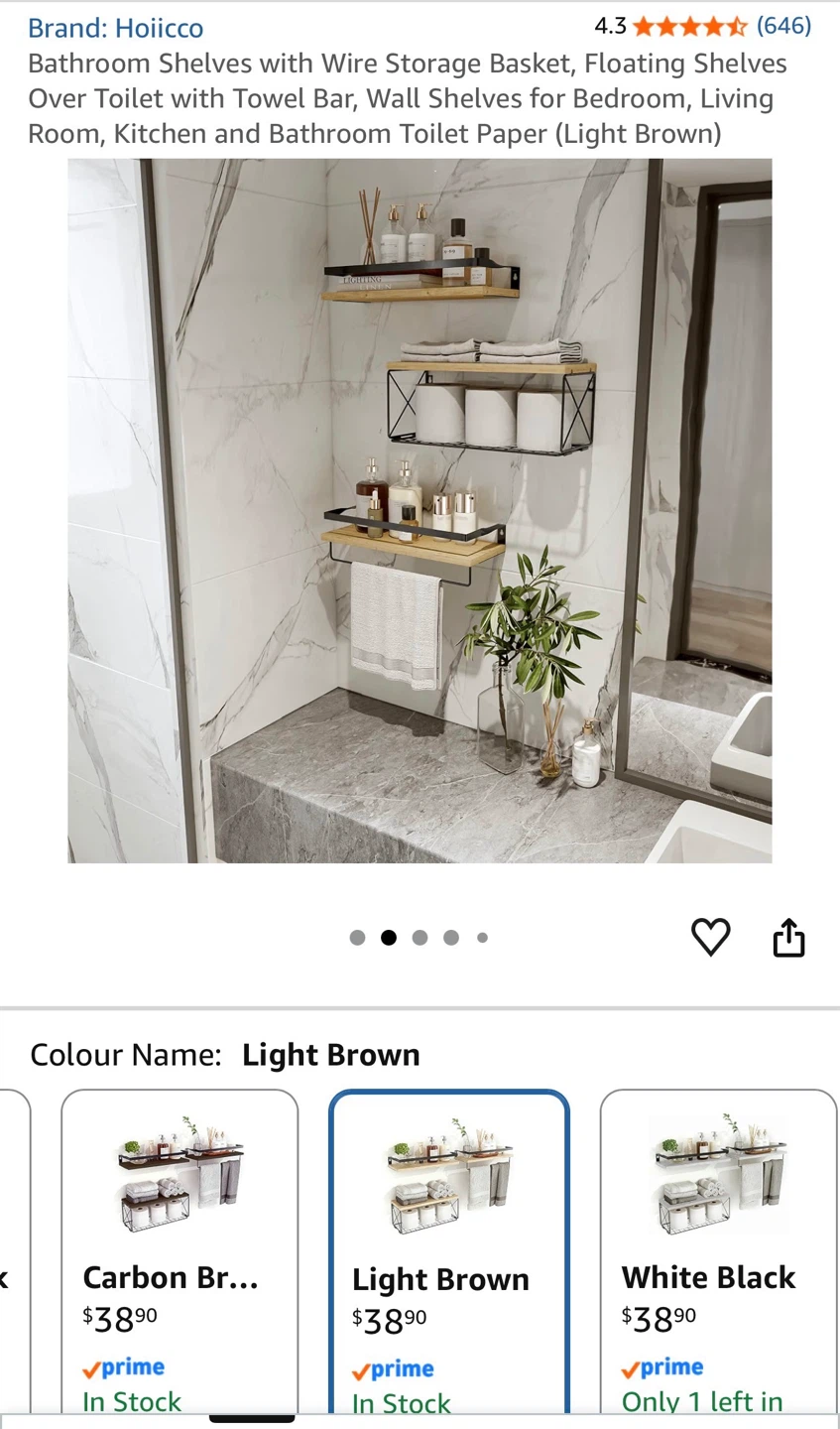 Hoiicco Bathroom Shelves with Wire Storage Basket - Light Brown - photo 2