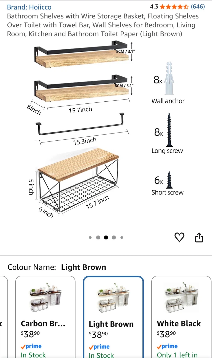 Hoiicco Bathroom Shelves with Wire Storage Basket - Light Brown - photo 3