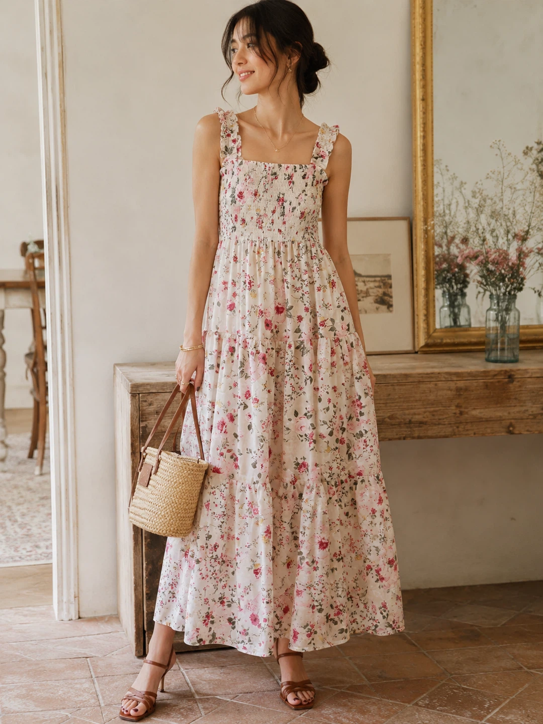 Floral Print Smocked Maxi Dress