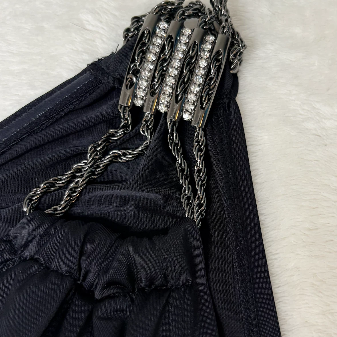MXM One Shoulder Drape Front Top Black Rhinestone Chain Size X - photo 4