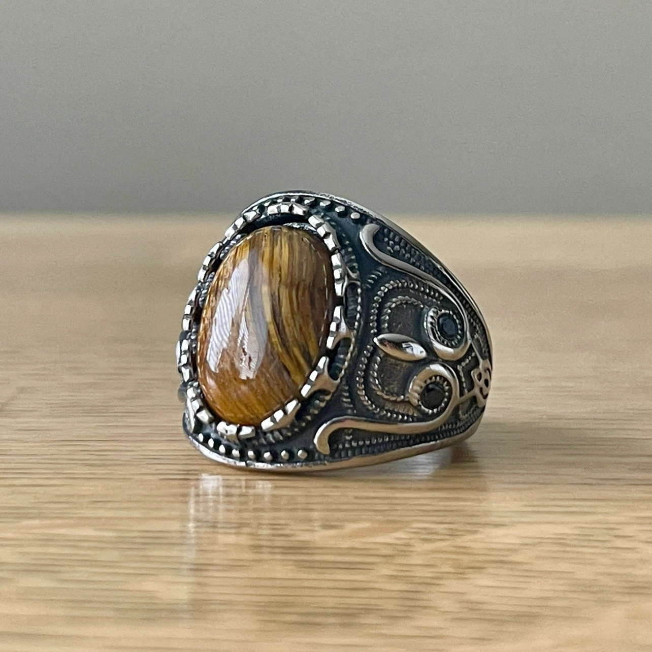 Yellow Tiger’s Eye stainless steel ring (size 11)