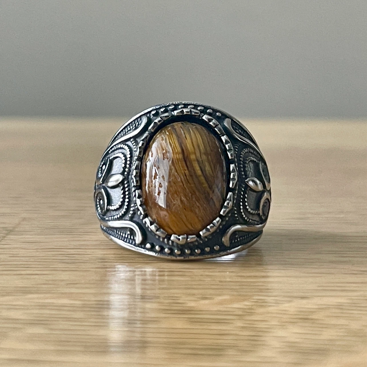 Yellow Tiger’s Eye stainless steel ring (size 11) - photo 2