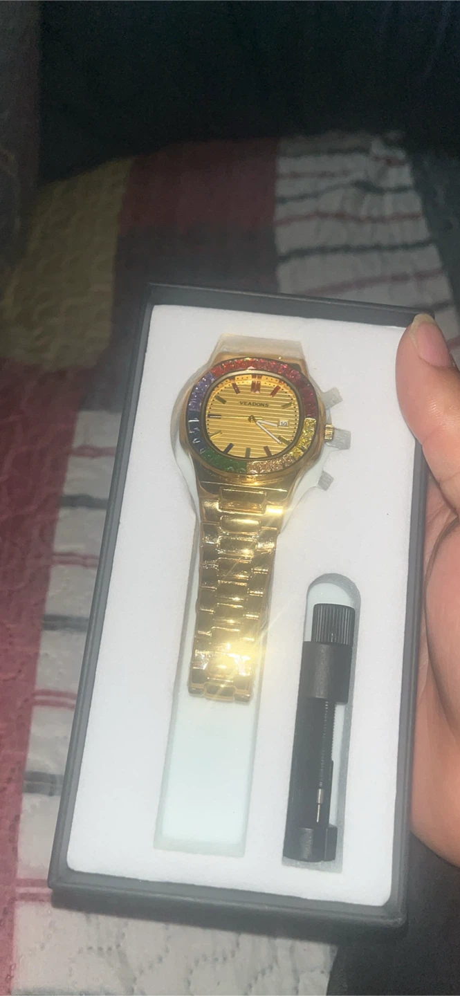 VEADORS Gold Watch with Rainbow Crystal Bezel