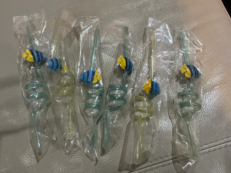 Set of 6 Decorative Drinking Straws with Fish Charms