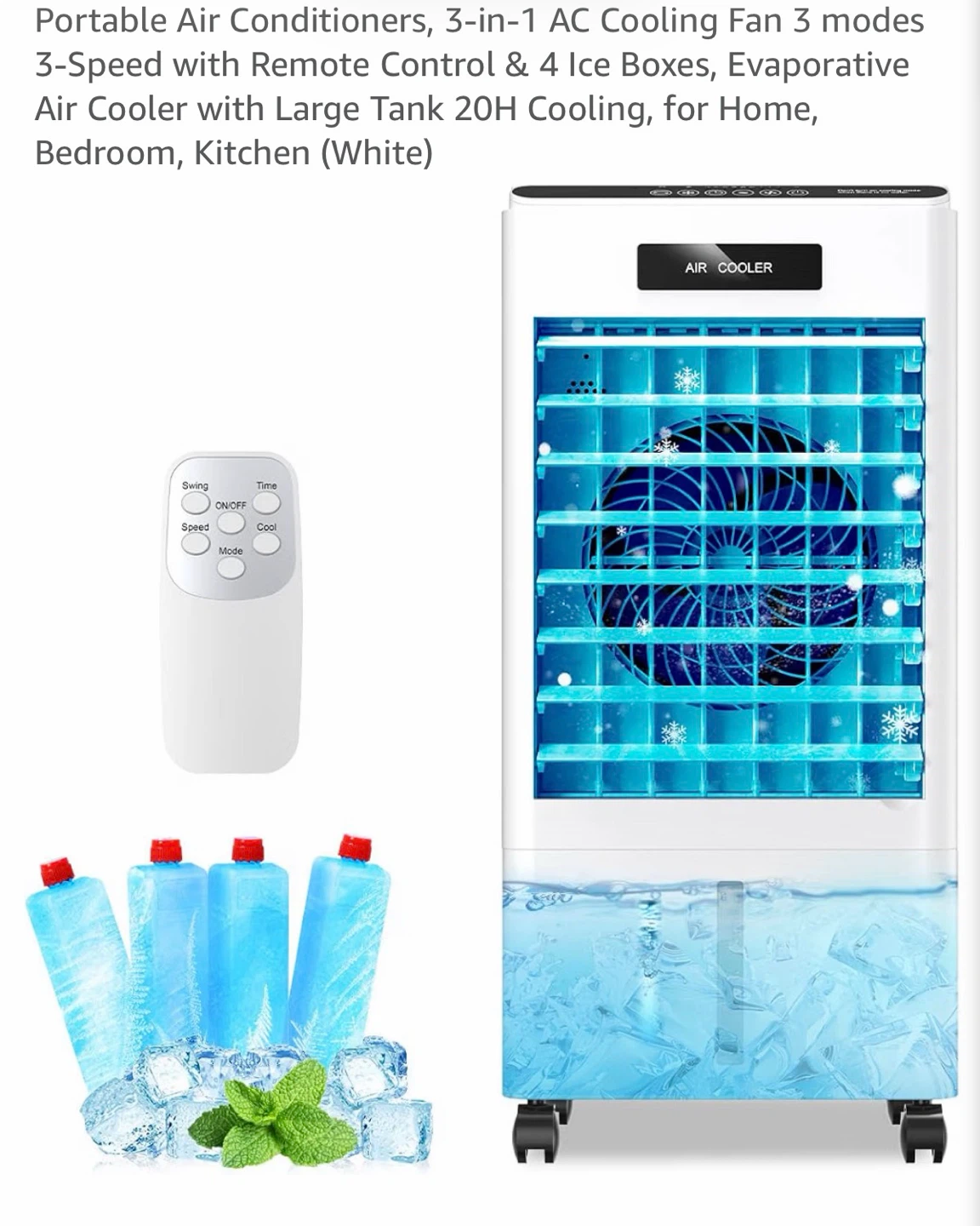 Portable Air Cooler Fan with Remote & 4 Ice Packs