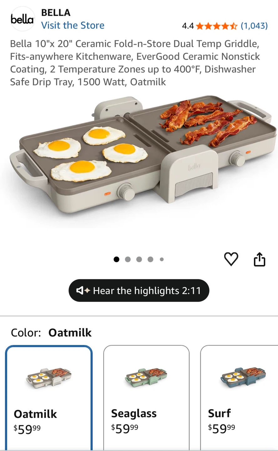 BELLA 10"x 20" Dual Temp Griddle - Oatmilk - photo 4